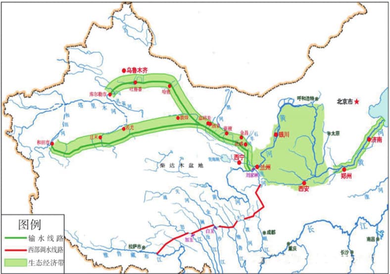 圖2 南水北調西線工程線路圖（輸水線路西部調水線路生態(tài)經濟帶示意圖）.jpg